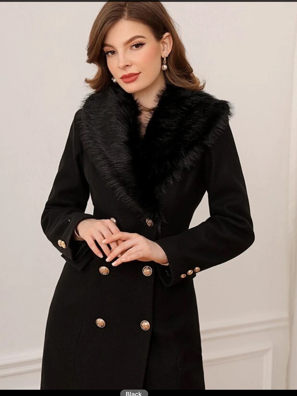 Elegant Black Faux-Fur Collar Double-Breasted Coat